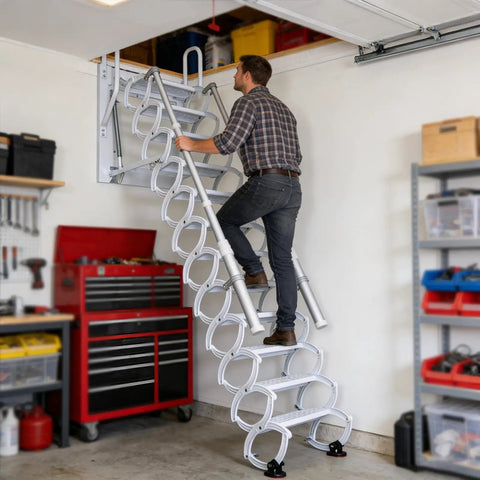 Wall Mounted Folding Loft Ladder With Armrests Retractable Attic Stairs 12 Steps Telescoping Pulldown System For Easy Attic Access White Durable Build, man climbing