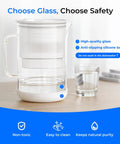 10 Cup Large Glass Water Filter Pitcher Dope Clean Design Eco Friendly BPA Free White That Removes Chlorine PFOA PFOS Cadmium Copper Mercury With NSF ANSI 53 42 And 372 Certified Filtration And Easy To Clean on a counter next to a glass of water