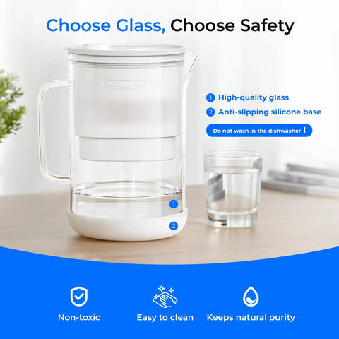 10 Cup Large Glass Water Filter Pitcher Dope Clean Design Eco Friendly BPA Free White That Removes Chlorine PFOA PFOS Cadmium Copper Mercury With NSF ANSI 53 42 And 372 Certified Filtration And Easy To Clean on a counter next to a glass of water
