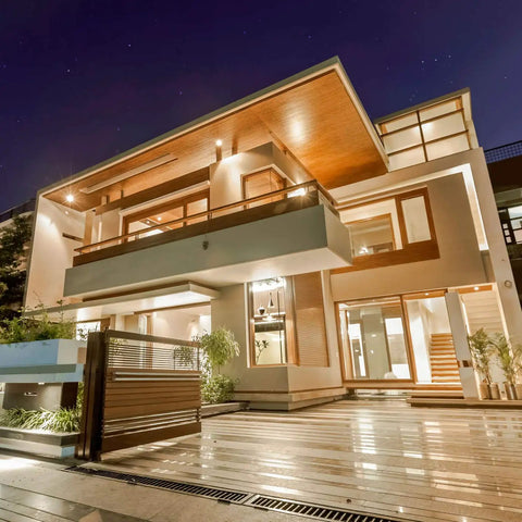 Modern house illuminated by Ultra Bright PAR38 LED Flood Light Bulbs Delivering 3200 Lumens, Dimmable Outdoor Spotlight, 3000K Warm White