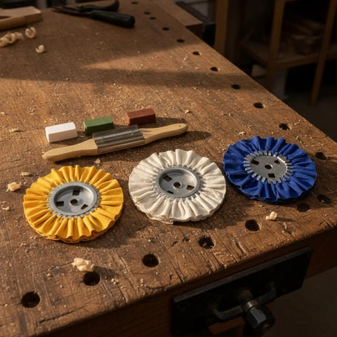 KQFCAZRE 3 Pc Cloth Polishing Wheel Kit with Buffing Agent, yellow, white, blue pleated buff wheels on workbench.