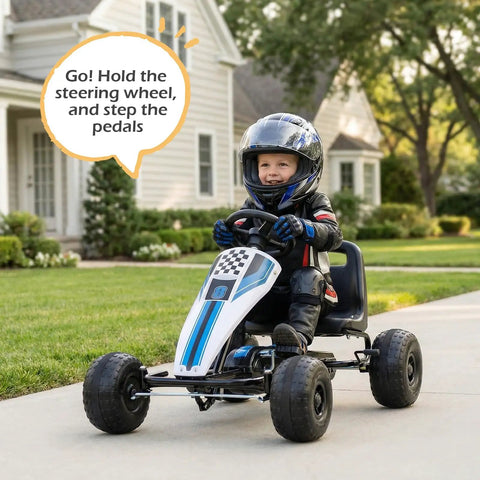 Child riding Kids Pedal Go Kart With Adjustable Seat Handbrake Free Wheel And Pedal Modes Four Wheel Ride On Toy Car
