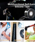 Two Rolls Self Fusing Silicone Tape 1 Inch By 10 Feet Black Weatherproof Pipe Repair Tape shown in various uses