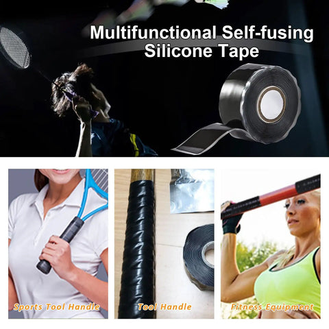 Two Rolls Self Fusing Silicone Tape 1 Inch By 10 Feet Black Weatherproof Pipe Repair Tape shown in various uses
