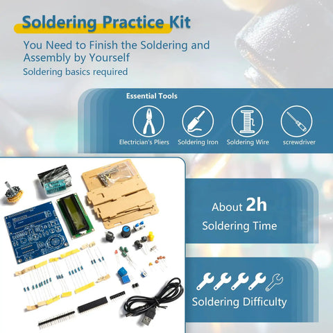 Ultimate Soldering Practice Kit With An All In One Capacitance And Frequency Meter for beginners, includes essential tools.