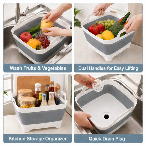 2.4 Gallon Collapsible Dish Basin With Drain Plug for Camping, RV, and Outdoor Use shown washing vegetables and as kitchen storage