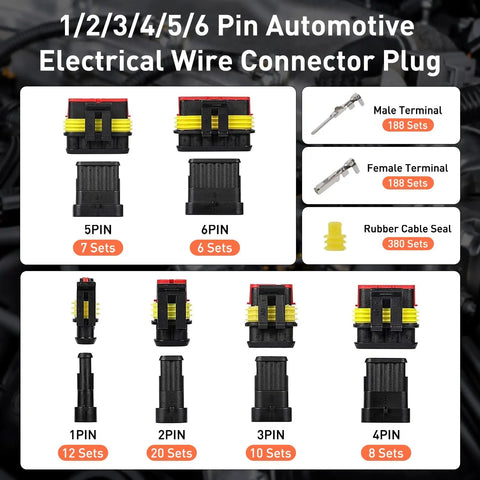 Waterproof Automotive Electrical Connector Kit With 63 Sets 1/2/3/4/5/6 Pin Sealed Wiring Harness Connectors display