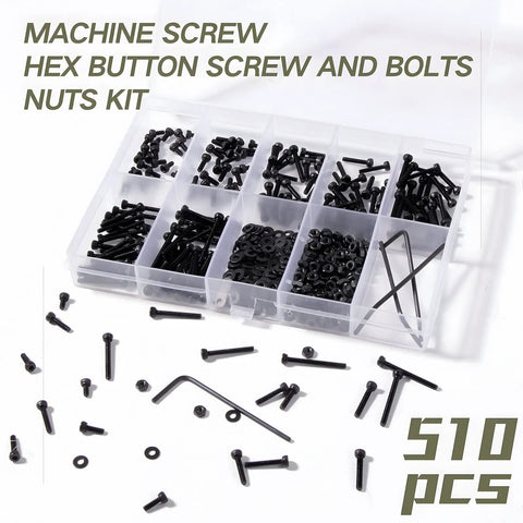 510 pcs M2 socket cap screws kit with nuts, washers, and wrench, black oxide hex socket head in organizer box
