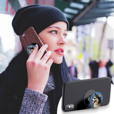 Collapsible phone stand with dog design using 100 pcs 1.5 inch round sublimation blank aluminum sheets for heat transfer projects.
