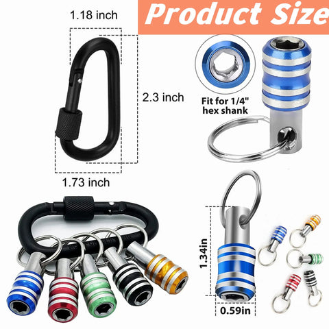 One Quarter Inch Hex Shank Bit Holder Extension Bar Keychain Screwdriver Bits Holder Drill Adapter Portable Hand Held Tool Accessory For Quick Bit Changes And Organized Bit Storage, showing various colored bit holders and carabiner, size dimensions included.