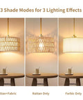 Level Up Your Chill Zone With This Hand Woven Rattan Plug In Pendant Light displaying 3 shade modes on a table.