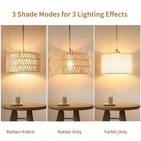 Level Up Your Chill Zone With This Hand Woven Rattan Plug In Pendant Light displaying 3 shade modes on a table.