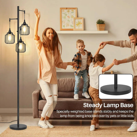 Dimmer Floor Lamp With 3X 800LM LED Edison Bulbs, Tall Standing Corner Lamp In Farmhouse Black, Industrial Rustic Vintage Tree Pole Light With Cage, Perfect For Living Room, Bedroom And Office To Set The Vibe