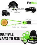 Offroad Recovery Kit With Snatch Block Pulley Ten Ton, Tree Saver Strap Three Inch By Eight Foot, And D Ring Shackles Three Quarter Inch, Winch Accessories For Cars, Trucks, SUVs, And ATVs, Heavy Duty Steel Gear For Rugged Trails showing recovery setup and kit parts