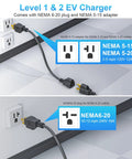 Portable Level 1 And 2 Ev Charger Cord 3.84Kw Fast Charge With 23Ft Heavy Duty Cable showing NEMA 6-20 and NEMA 5-15 adapter connections.