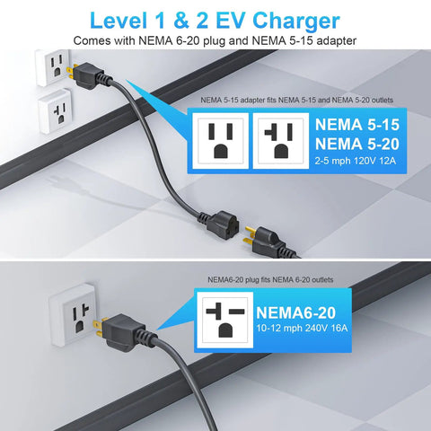Portable Level 1 And 2 Ev Charger Cord 3.84Kw Fast Charge With 23Ft Heavy Duty Cable showing NEMA 6-20 and NEMA 5-15 adapter connections.