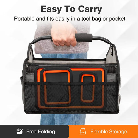 Person carrying a tool bag with a Collapsible Magnetic Parts Tray Set With 3 Foldable Silicone Tool Trays For Bolts Screws Nuts.