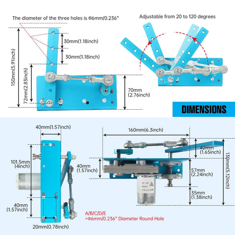 Blue CNCTOPBAOS 12V/24V linear actuator with rocker linkage; multi-view diagram of 20–120° swing and 90RPM.