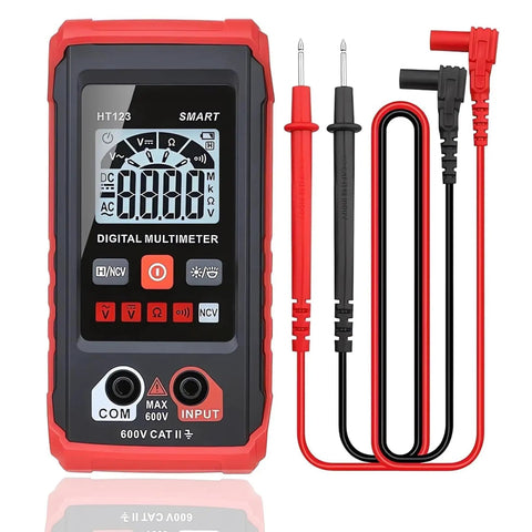 Auto Ranging Digital Multimeter With Non Contact Voltage Tester Smart Measurement And Electrical Voltmeter For DIY Home Workshop Use Includes Probes And Battery Kit Red Great For Home Repairs And Pro Projects Handy For Quick DIY Fixes, showing a red digital multimeter with probes