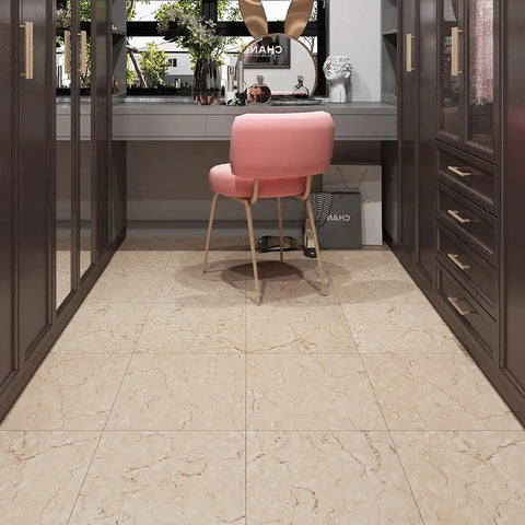 Room with 32 Pack Peel And Stick Vinyl Floor Tiles 12x12 Inches Waterproof Removable Flooring For Renters Beige Linoleum Look