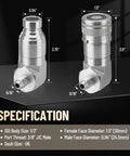 Two flat-face 90° skid-steer hydraulic quick-connect couplers, 1/2 in body with 3/8 in JIC male threads and dust caps.