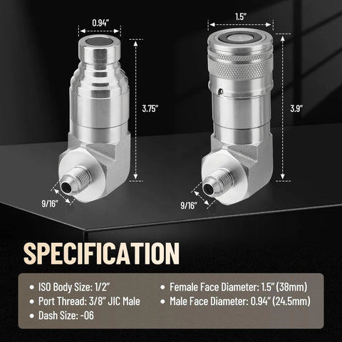 Two flat-face 90° skid-steer hydraulic quick-connect couplers, 1/2 in body with 3/8 in JIC male threads and dust caps.