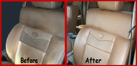 Before and after of leather car seat using Leather Refinish And Restore 4 Oz Jar For Furniture Leather Repair And Color Renewal.
