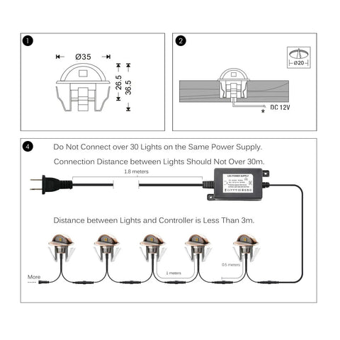 Installation diagram for Low Voltage IP65 Waterproof Half Moon LED Step Lights with connection details for pathways.
