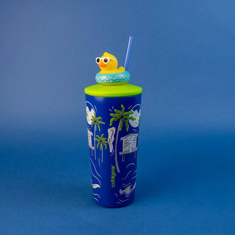 Two Pack 20 Oz Stainless Steel Tumbler With Pop Topper And Straw Interchangeable Character Topper For Your Personal Style BPA Free Insulated Cup With Leak Resistant Lid Vacation Marble Design Reusable Travel Cup
