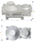 Flame King vertical-mounted 2-stage propane regulator for RVs; aluminum body, front view with mounting lugs