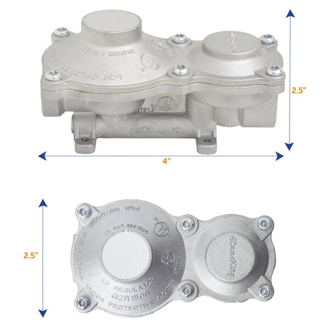 Flame King vertical-mounted 2-stage propane regulator for RVs; aluminum body, front view with mounting lugs