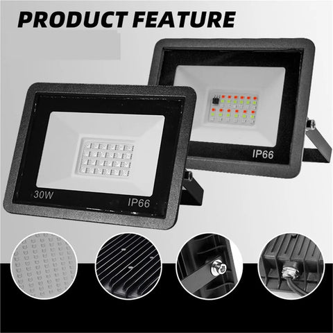 Kick Up Some Color With This Smart 50W RGB Outdoor Flood Light Real Quick Spot Beam Lamp For Backyard Patio Garage And Garden Party Total Evening Vibe Upgrade showing two flood lights, one 30W IP66 and another with colorful LEDs.