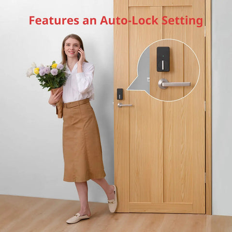Woman standing by door with Bluetooth Keyless Smart Lock For Front Door With Easy Install, Works With WiFi Bridge Sold Separately.