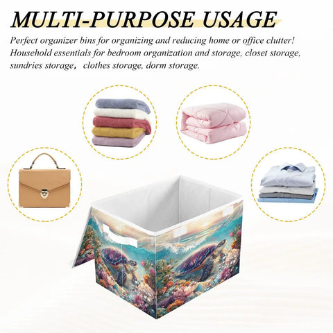 Kick Some Clutter With These Heavy Duty Foldable Storage Bins, Featuring Snug Click Lids And Super Sturdy Handles, Plus Collapsible Oxford Basket Organizers For Real Closet Solutions, shown with lid open, 16.5 x 12.6 x 11.8 inches, ocean design.
