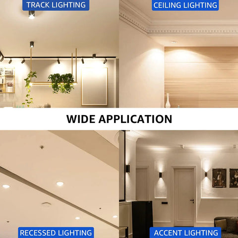 Dimmable GU10 LED Light Bulbs 4.5W 2700K Soft White in various settings: track, ceiling, recessed, and accent lighting