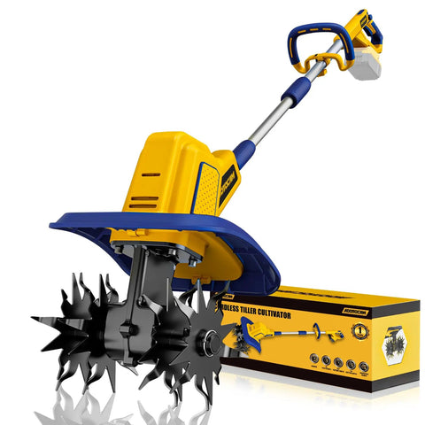 Cordless Garden Tiller Cultivator Powered By 20V Max Battery, 360 RPM Performance, showcasing blade and packaging