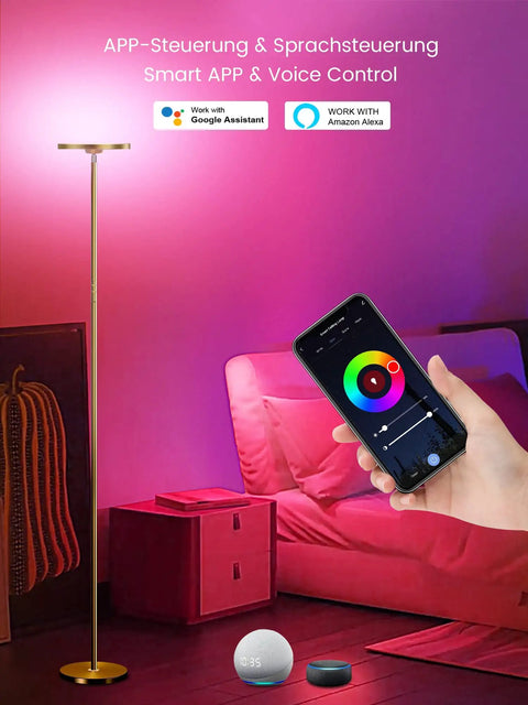 Smart RGBCW LED Floor Lamp With Alexa And Google Home shown with app and voice control in a modern living room setup