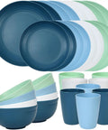 32 Piece Unbreakable Dinnerware Set For 8 With Shatterproof Plastic Plates Bowls And Cups, Dishwasher And Microwave Safe, Ideal For Camping RV Outdoor Kitchen And Apartment Dining In Blue. Featuring blue and green plates, bowls, and cups.