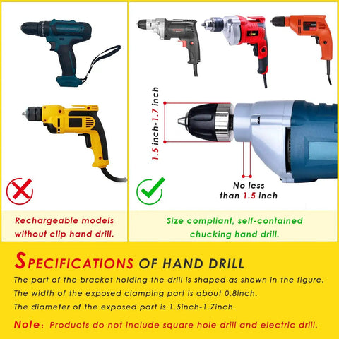 Specifications of compatible hand drills for the Straight Shooting Square Hole Drill Bit Adapter Mortising Attachment.