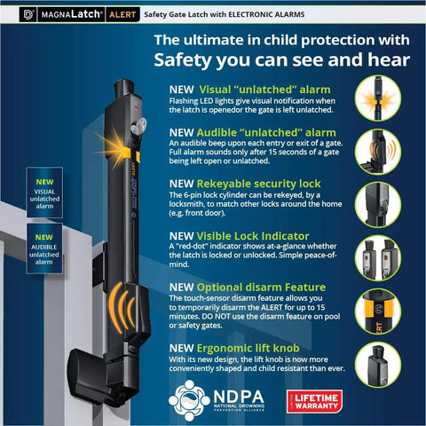Straight Up Tough Top Pull Pool Safety Gate Latch With Audible Alarm Feature Keeps Kiddos Secure While Giving Homeowners Zero Hassle Installation And Weatherproof Year Round Guarding Black with visible alarms and lock features.