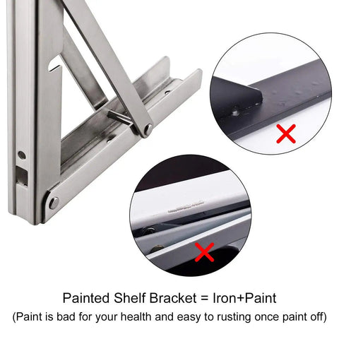 Close-up of Heavy Duty Folding Shelf Brackets Stainless Steel Collapsible Set Supports Up To 330 Lb Per Pair Space Saving Mounts