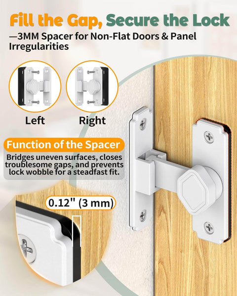 90 Degree Barn Door Lock Latch For Cabinets And Sliding Doors Right Angle Lock For Bathrooms Barns Sheds And Garden Windows Aluminum Alloy Safety Privacy Hardware White 1 Pack with spacer installed on wood surface