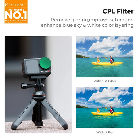 ND And CPL Filter Kit For Osmo Action 5 Pro And Osmo Action 4, tripod setup with filter impact on water reflections and sky color