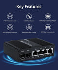 Six Port Unmanaged Ethernet Switch With Four Gigabit RJ45 Ports And Two SFP Fiber Slots, IP40 protection, DIN rail mount shown.