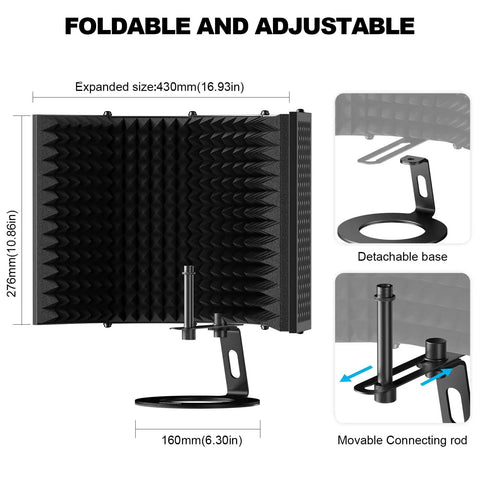 Foldable Microphone Isolation Shield With Triple Sound Insulation For Clear Vocals, Reflection Filter For Recording Studios, Podcasts, Singing And Broadcasting, Three Eighths Inch And Five Eighths Inch Threaded Mounts, Desktop Stand Included, showing adjustable size and detachable base.