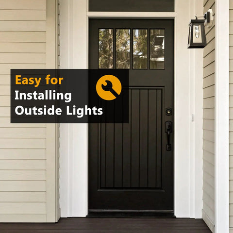 DIY Friendly Siding Mounting Block Kit With Built-In Electrical Box For One Half Inch Lap Siding, Vertical Lamp Mounting Plate, white textured plastic mounted beside black front door