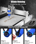 65mm housing wood router setup guide for CNC machine with installation steps and blue router bit.