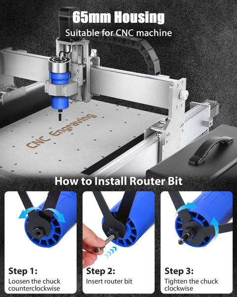 65mm housing wood router setup guide for CNC machine with installation steps and blue router bit.