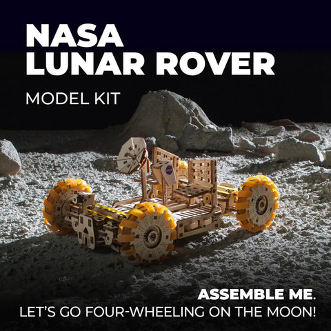 NASA Lunar Rover Wood Model Kit For Adults And Teens, 3D Mechanical Puzzle You Can Build, Space Gift That Is Dope, Detailed Moon Buggy DIY Craft Set, STEM Favorite For Collectors And Space Enthusiasts. Wooden lunar rover model kit on moon surface