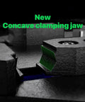 Close-up of new concave clamping jaw on Beefy Pro Grade PCB Board Holder And Clamp For Soldering Dual Rail Push Clamp System